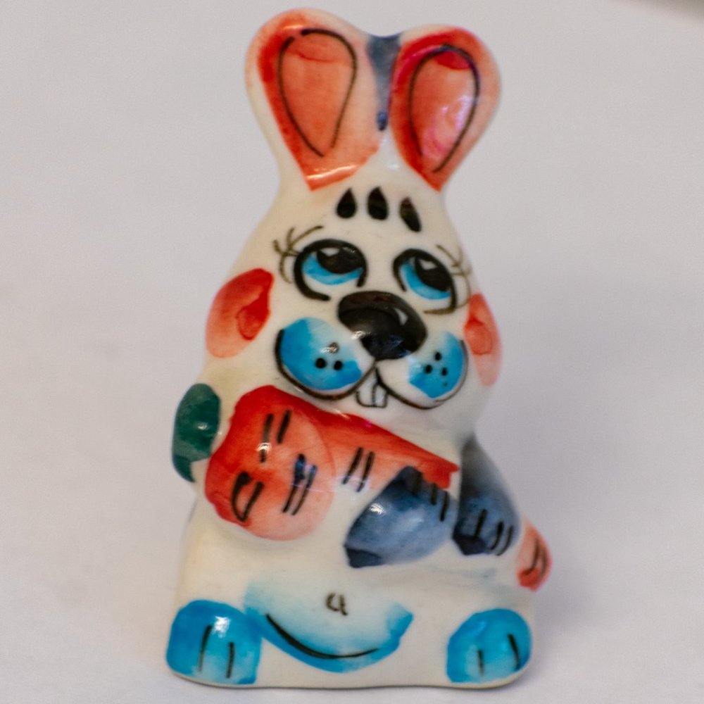 Vintage USSR/Soviet Era Easter Bunny Hand-Painted Porcelain Gzhel Figurine
